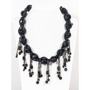 Erickson Beamon Black Glass Round Bead Chain Fringe Statement‎ Necklace 21 inch